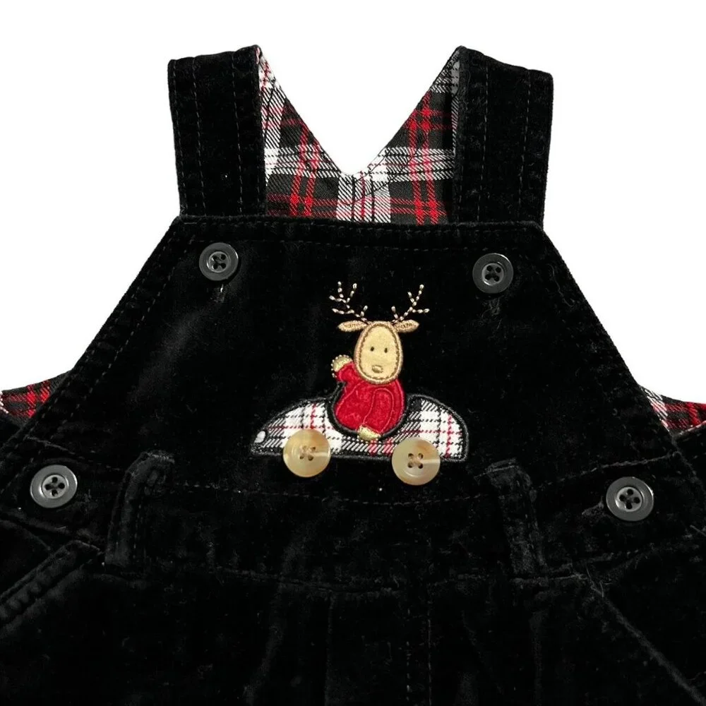 Children's Place 3-6m Black Velour Reindeer Car Holiday Appliqué Overalls